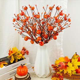 CORVYUC 6 Pcs 17" Tall Artificial Fall Berry Stems Picks Fall Floral Arrangements with Fake Orange Pumpkins for Home Indoor Vases Centerpieces Autumn Harvest Festival Thanksgiving Day Decorations