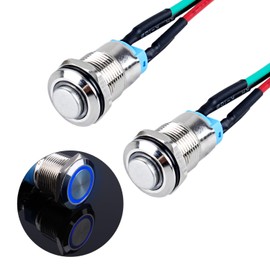 JIQI 2 x 12 mm 12 V to 24 V 2 A Self-Holding Waterproof Pressure Switch Locking Push Button Metal Latch On/Off Switch with LED Indicator Light IP66 1NO Latching Button Switch (High Head, Blue)