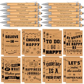 HAOWANWW 16Pcs Kraft Notebook Let's Be Happy Journals Happiness Themed College Ruled Journals Inspirational Lined Pockets Notebook 4.92 x 3.14 In With 16 Pcs Bamboo Retractable Ballpoint Pens