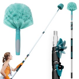 TelesPro 20 Feet High Reach Cobweb Duster with 5-12Ft Extension Pole, Webster Cobweb Duster with 3-Stage Telescopic Aluminum Pole, Spider Web Brush for Outdoor & Indoor Cleaning - Soft Bristles.