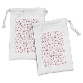 Ambesonne Paris Fabric Pouch Set of 2, Eiffel Towers and French Bouquets Bows with Romantic Pattern, Small Drawstring Bag for Toiletries Masks and Favors, 9" x 6", Pale Green Pale Pink