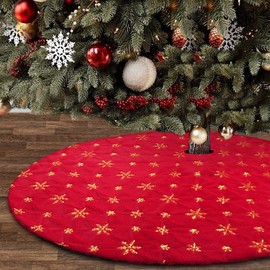 tiosggd Christmas Tree Skirt Faux Fur 4ft Red Tree Mat with Gold Snowflake Sequins Embroidered for Christmas Winter New Year Home Decor