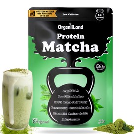 OrganiiLand High Protein Iced Matcha 100% Raw Grass-Fed Whey, Organic Adaptogens, and Ceremonial Grade Matcha | 22G Protein, 4.5G BCAA, 0G Sugar, Low Caffeine | 14 Servings