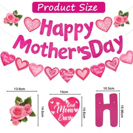 Konsait Glitter Happy Mother Day Banner and Hanging Swirls, Mothers Day Decorations for Party Banner Ceiling Decorations Hanging Thank You Mom Party Decor Supplies