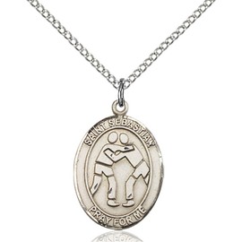 Bonyak Jewelry Saint Medal Collection Sterling Silver St. Sebastian/Wrestling Pendant 3/4 x 1/2 inches with Sterling Silver Lite Curb Chain