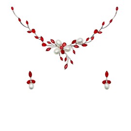 Faship Gorgeous Red CZ Crystal Mother of Pearls Floral Necklace Earrings Set - Red