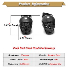 Xusamss Punk Jewelry Stainless Steel Skull Head Stud Earrings(Black)