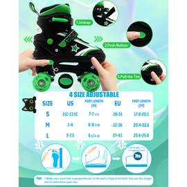 SMOOJOY Roller Skates for Kids Boys and Girls with Light-Up Wheels | Adjustable Size Green Rollerskates Shoes for Youth and Women Ages 8-12