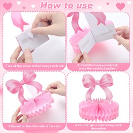 Shellwei 12 Pcs Pink Bow Party Birthday Decorations, Bow Theme Honeycomb Centerpieces, Coquette Birthday Party Bow Party Table Centerpieces for Bow Birthday Baby Shower Bridal Bachelorette Party