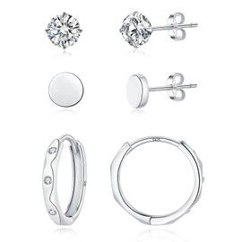 Loutade Hoop Earrings 925 Silver Stud Earrings, 3 Pairs Sterling Silver Women's Stud Earrings Hoop Earrings Set, 4 mm Stud Earrings & 13 mm Hoop Earrings Delicate Sleeping Cartilage Tragus Helix