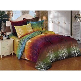 Swanson Beddings Rainbow Tree 4 Piece Bedding Set: Duvet Cover, Fitted Sheet and A Pair of Pillowcases (Full)