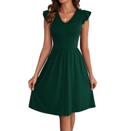 HELYO Women's Summer Dresses 2025 Cute V Neck Ruffle Sleeve Beach Wedding Guest Cocktail Short Work Casual Dress with Pockets 648 Dark Green L