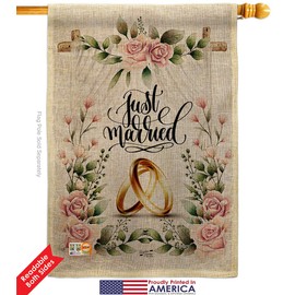 Wedding Rings Burlap House Flags Pack Celebration Marriage Bride Groom Mr Mrs Occasion Anniversary Party USA Embroidery Small Decorative Gift Yard Banner Double-Sided Made In 28 X 40