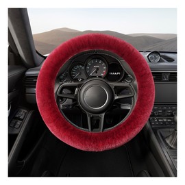 Suvnie Fur Wool Sheepskin Car Steering Wheel Cover, 15 Inch Fluffy Anti-Slip Auto Steering Wheel Protector for Warm Winter, Universal Fuzzy Plush Vehicle Steering Wheel Accessories (Wine Red)