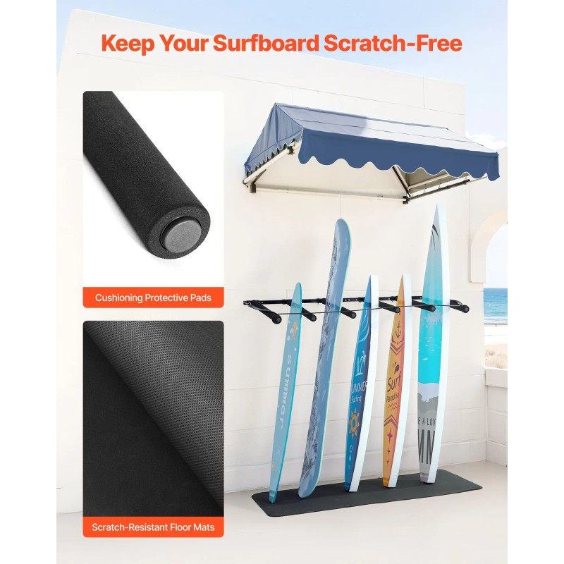 5-Tier Vertical Surfboard Wall Mount Rack Adjustable Metal Board Stand