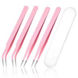 4PCS Tweezers for Crafting, Stainless Steel Sticker Tweezer Pink Straight and Curved Tip Tweezer Craft Tweezers Kit Jewelry Making Tools for DIY Sticker Crafting Eyelash Extensions Nail Art