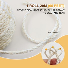 Sisal Rope for Cat Scratcher, Cymuber 6mm Cat Sisal Rope for Replace Scratching Post and Scratcher Repair, DIY Hemp Twine for Tree Tower Carpet Mat Kicker House Pet Toy and Crafts(65-Feet/20M)