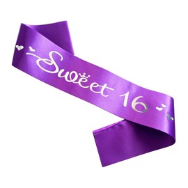 Sweet 16 Sash, Purple Satin Soft Sashes with Silver Foil Letter, 16th Birthday Sash Decorations Gifts for Girls Happy 16th Birthday Party Favor Supplies