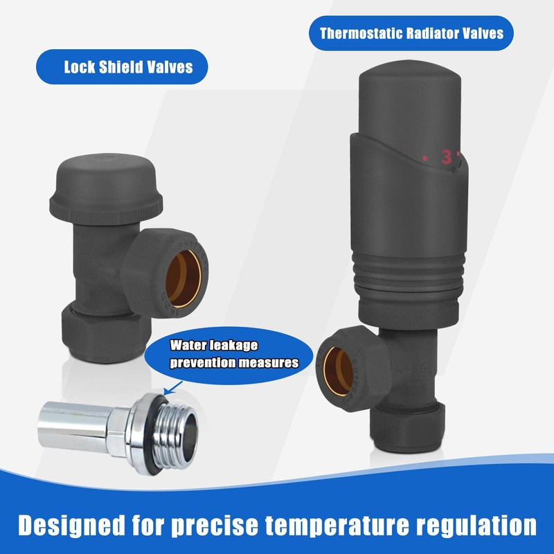 SVNR Thermostatic Radiator Valves (TRV), Textured Anthracite Grey, Angled Lockshield