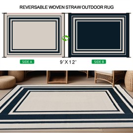 SatisInside Outdoor Rug 9x12 Ft Waterproof Plastic Straw Rugs for Patio,RV,Beach,Camping, Backyard,Porch, Picnic, Black&Beige