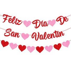 JKQ Glittery Feliz Dia De San Valentin Banner with Heart Red Pink Happy Valentine’s Day Banner Valentines Day Feliz Dia De San Valentin Party Fireplace Mantle Decorations Supplies