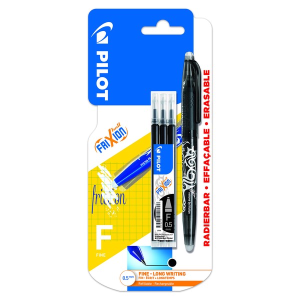 Pilot Frixion Erasable Rollerball Pen Fine 0.5mm Tip- Black, Pen and 3 Refills