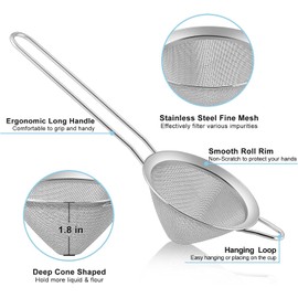 2Pcs Conical Fine Mesh Strainer,3.3/1.8 Inches Fine Mesh Sieve with Long Handle,Stainless Steel Wet Dry Small Food Strainer,for Baking,Tea,Coffee&Drinks,Juice,Rust Proof&Easy to Clean (Silver)