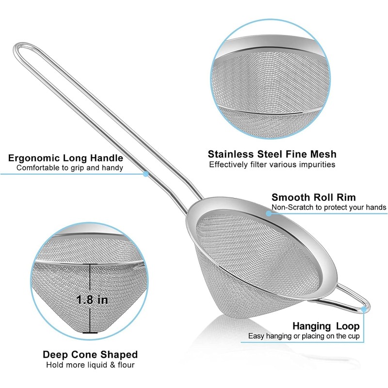2Pcs Conical Fine Mesh Strainer,3.3/1.8 Inches Fine Mesh Sieve with