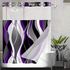 Nkzply No Hook Shower Curtain and Liner Set Purple Striped Shower Curtain with Snap in Liner Fabric Shower Liner See Through Top Window,71 x 74 Inch