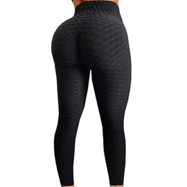 FITTOO Womens High Waist Textured Workout Leggings Booty Scrunch Yoga Pants Slimming Ruched Tights Black XL
