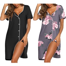 Ekouaer 2 Pack Nightgowns for Women Button Short Sleeve Nightshirt V Neck Sleep Dress Nightwear Black & Floral Pattern Small