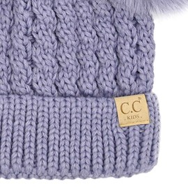 C.C Kids' Cable Knit Double Pom Beanie for Kids - Comfortable Soft Warm Children Youth Skully Hat with Pom, Matching Faux Fur Pom Lavender