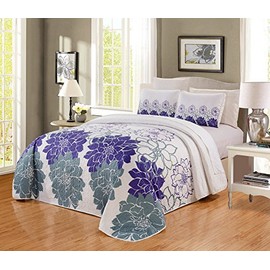 GrandLinen 3-Piece Super King Size Fine printed Oversize (115" X 95") Quilt Set Reversible Lightweight Bedspread Coverlet All Season Bed Cover (Dark Purple, White, Grey Floral)