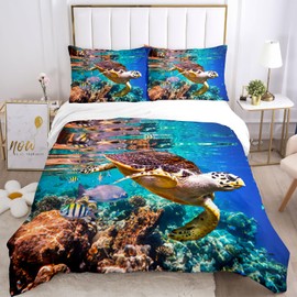BNREDA Turtle Bed Linen 135 x 200.3D Underwater World Bedding Set, Dolphin, Tropical Fish, Coral, Sea Life Duvet Cover, Blue Underwater World Duvet Cover for Children (A, 100 x 135 cm)