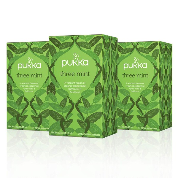 Pukka Three Mint, Organic Herbal Tea With Peppermint, Spearmint & Fieldmint (3 Pack, 60 Tea Bags)