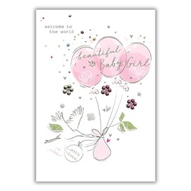 New Baby Girl Congratulations Card - Welcome to the World - Stork and Balloons - Special Finishes - Made in the UK - Eco-Friendly