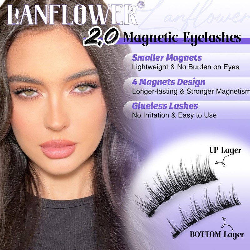 Lanflower Magnetic Eyelashes with Applicator, Mangetic Eyelashes Natural Look, Wispy