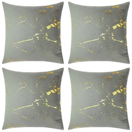 Red Rainbow 4 Pack Gold Metallic Velvet Cushion Covers with Marble design 18 inch 45 x 45 cm Square (Grey)
