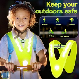 Mikqky Pack of 2 Children's V-Shape Yellow Light Vest in Triangle Shape, Safety Vest Children Bicycle Lightweight Safety Vest for Boys Girls with 4 x Reflective Arm Loops (Green)