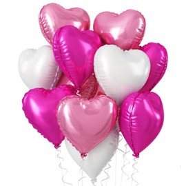 18PCS Hot Pink White Heart Foil Balloons, 18 Inch Hot Pink and White Mylar Heart Shape Balloons Large Hot Pink Pearl Pink White Heart Balloons for Valentine's Day Birthday Wedding Bridal Baby Shower