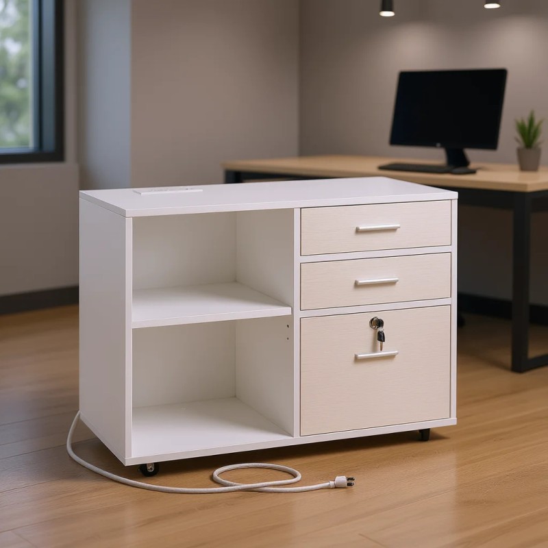 White 3 Drawer Wooden Mobile Filing Cabinet With Key Lock