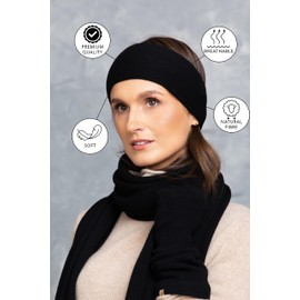 KNITAS Double-layered women's headband made of merino cashmere wool, winter knitted hair band, ear warmers, women, wide headband, a romantic look with a band, in black, one size