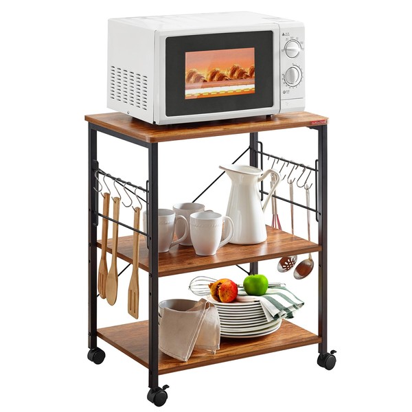 Mr IRONSTONE Kitchen Stand Microwave Cart 23.7'' for Small Space, Coffee Bar Table 3-Tier Rolling Utility Microwave Oven Rack on Wheels, Coffee Cart with Storage Bakers Rack with 10 Hooks,Vintage