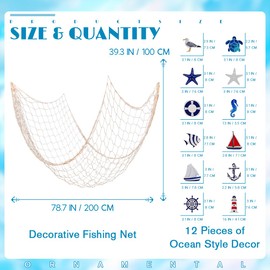Vhxmaizxn 13pcs Nautical Fish Net Wall Decoration Nature Fishing Fishnet Wooden Decor Hangings Starfish Sailboat Lighthouse Life Ring Rudder Turtle Decorative Party Wedding