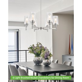 foucasal Farmhouse Chandeliers for Dining Room Brushed Nickel Chandelier Fixture with Clear Glass Shades 6 Light Dining Room Light Fixtures Pendant Lights for Kitchen Island Living Room Staircase