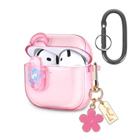 Newseego For Airpods 4 Case, Transparent Case with Lock, Soft TPU Protective Case with Carabiner and Cute Flower Pendant, Full Protection, Shockproof, Thin, Cute, Compatible with AirPods 4th