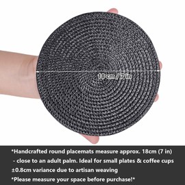 Round Woven Placemats Set of 6, 18cm Small - Braided Coaster Mats for Coffee Tables & Dessert Plates(Black)