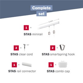 STAS Minirail Picture Hanging System Set - Covers 6.56 ft of Wall Space - Smallest Picture Rail & Art Hanging Gallery Kit for Art Display (Matte Silver Rails, Includes 2 Hooks & Cords)