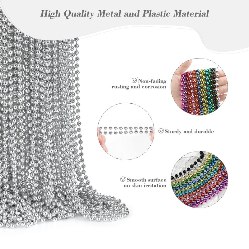 24 PCS Silver Bead Necklaces, Silver Mardi Gras Christmas Beads