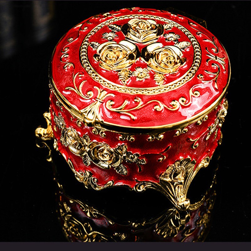 Vintage Metal Jewelry Box Round Exquisite Hand Carved Gold Flower